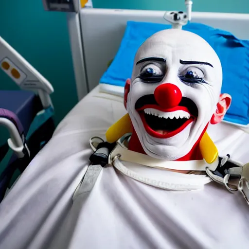 Image similar to confused laughing clown lying in hospital bed with wrist restraints on, restraints have fabric straps attached to hospital bed, photograph, 8 k