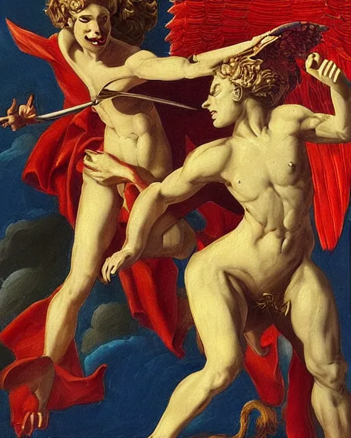 Image similar to devil fights angel, high detail, extremely detailed, very sharp, in the style of jost amman,