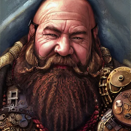 Image similar to Dwarven merchant with a long red flowing beard with Steampunk accessories, 4k oil on linen by wlop, artgerm, andrei riabovitchev, nuri iyem, james gurney, james jean, greg rutkowski, highly detailed, soft lighting 8k resolution