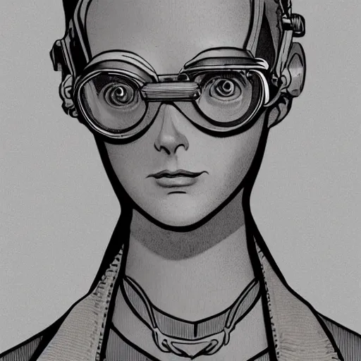 Prompt: pixar 3 d style retrofuture tattooed stoic heroic emotionless dirty butch blonde woman mechanic with very short slicked - back hair, full body, uncomfortable awkward and anxious, wearing dark - lensed victorian goggles, wearing dirty ripped flight suit, trudging through fantastic planet, valerian, moebius, rough paper, sci fi, behance hd