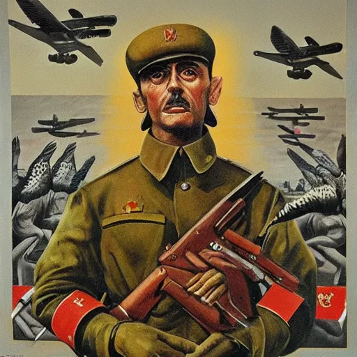Prompt: a detailed and complex, highly detailed, concept art, soviet propaganda poster depicting a dromaius in military uniform, marxism - leninism. painting by irakli toidze,