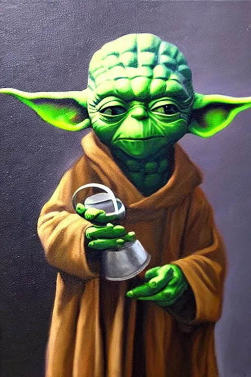 Image similar to old oil painting of a yoda holding a round bell, trending on artstation