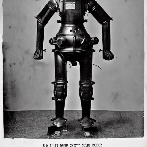 Image similar to a photograph from 1890 of mech suit made out of a cast iron potbelly stove