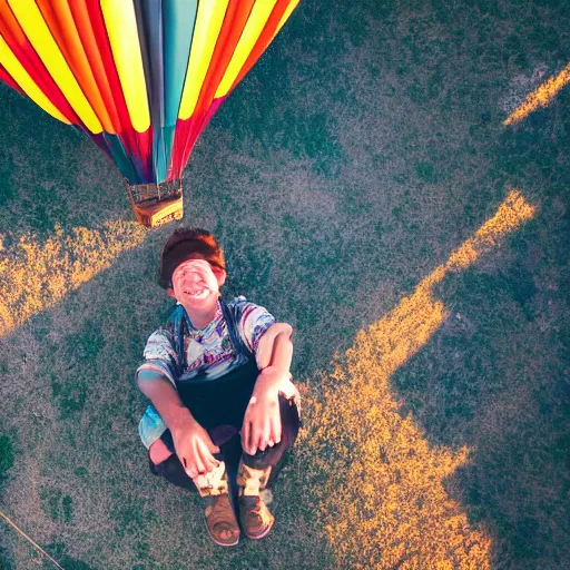 Image similar to smiling hippy squints into the sunlight horizon, hot air balloon ride, flying camp, camp gear, hippy belongings, a old guitar, cozy place, flying high, aerial view, gradient aperture