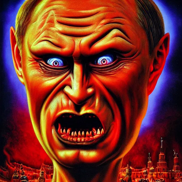 Prompt: shocked face of putin demon,, hell hyper - realistic, sharp focus, depth of field, hyper - detailed visionary art, symmetric, hell, holy halo, dramatic ambient lighting, high detail, vibrant colors, the thing 1 9 8 2