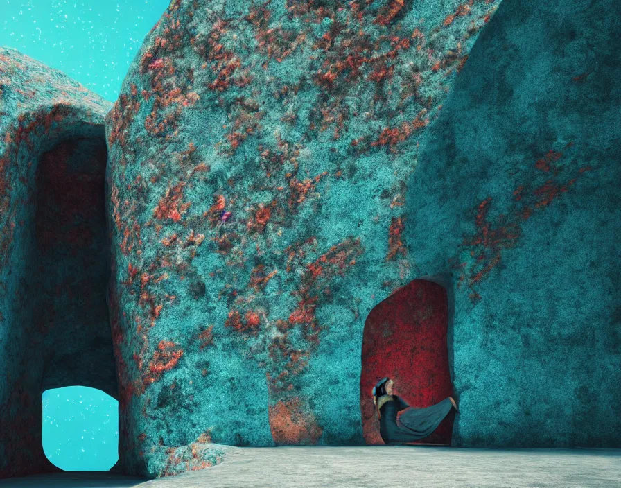 Prompt: minimalist architectural portal, rock grotto, sky background. vogue magazine. halo. octane rendering, cinematic, hyperrealism, octane rendering, 8 k, depth of field, bokeh. iridescent accents. vibrant. teal gold and red color scheme