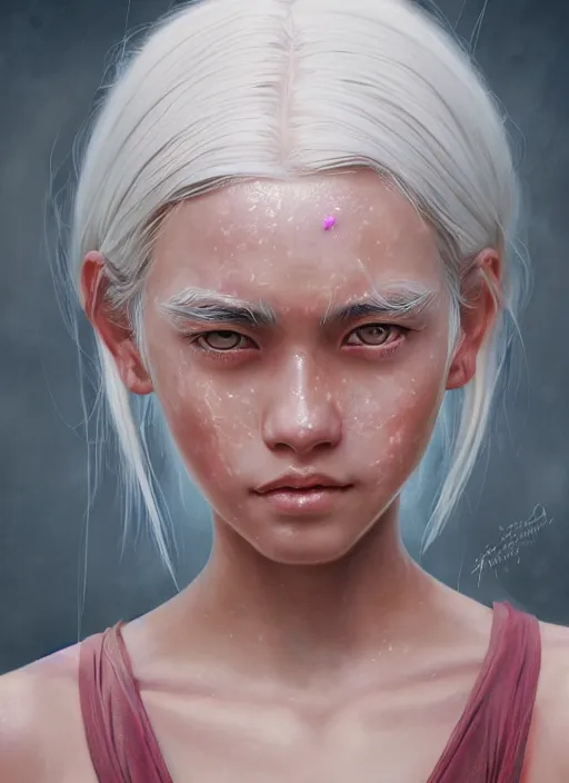 Image similar to girl with shoulder length white hair, rice farmer, beautiful highly detailed face, light freckles, pink pupils, beautiful painting by artgerm and greg rutkowski and raymond swanland