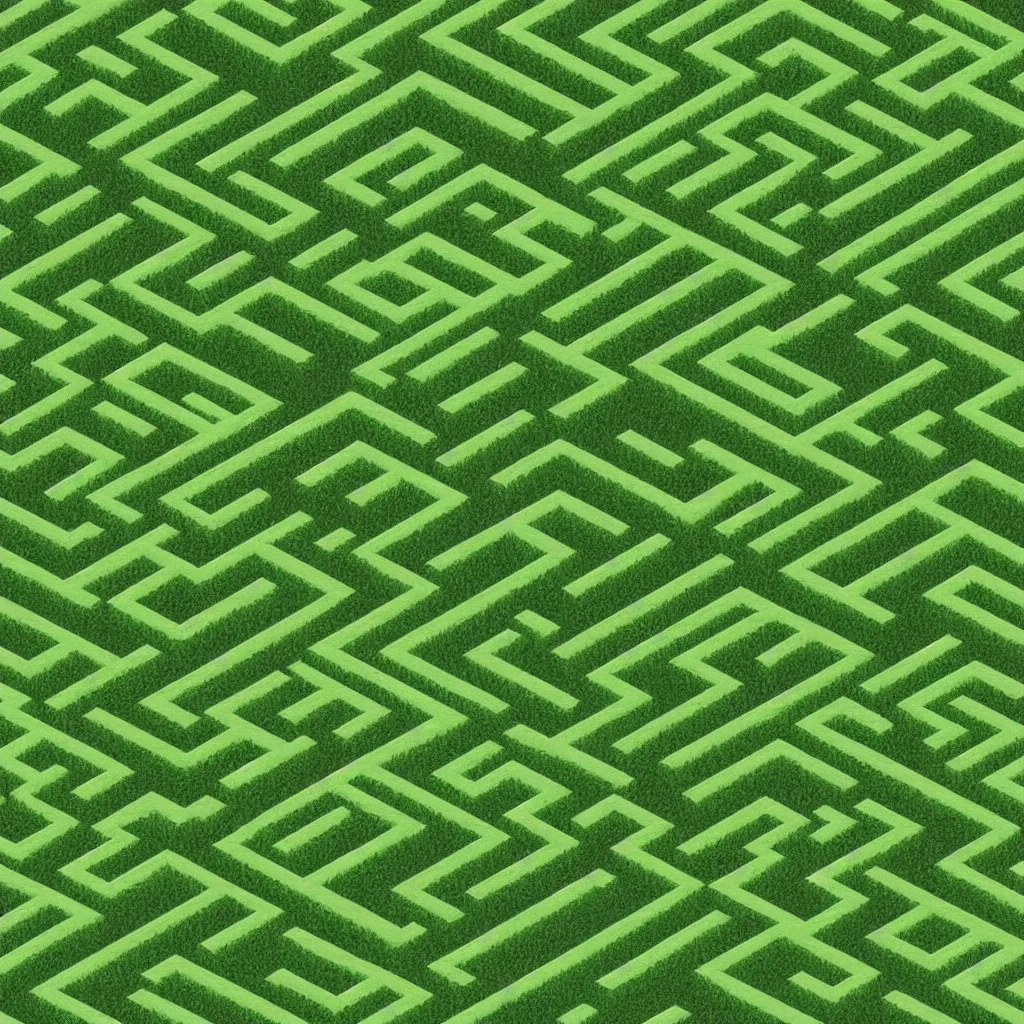 Prompt: wimmelbilder maze made of mowed lawn, isometric, very sharp