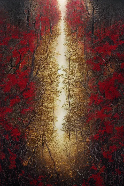Image similar to immaculate painting of A Beautiful fine detailed gold and red and black Forest Illusion by erik johansson micro detailing