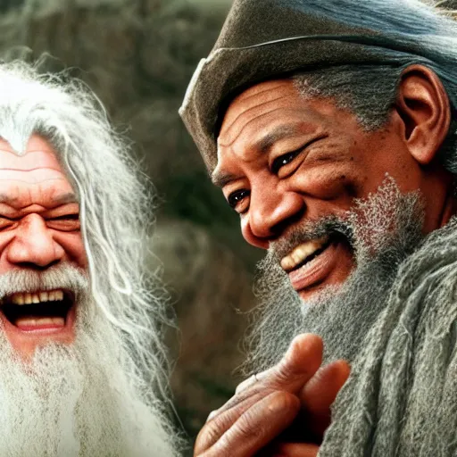 Prompt: Morgan Freeman as Gandalf the Grey laughing with Frodo, still from Lord of the Rings movie, detailed, 4k