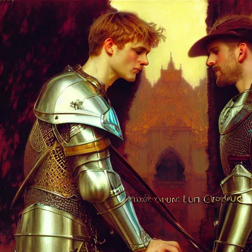 Image similar to attractive arthur pendragon and his attractive male knight, they are in love, natural lighting, path traced, highly detailed, high quality, digital painting, by gaston bussiere, craig mullins, alphonse mucha j. c. leyendecker