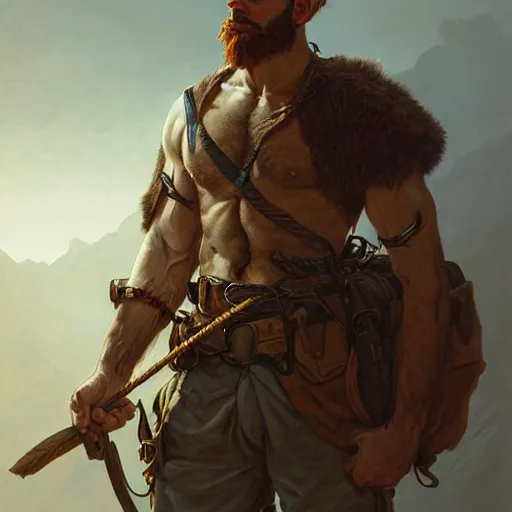 Image similar to portrait of a young rugged ranger, muscular, bust, hairy chest, D&D, fantasy, intricate, cinematic lighting, highly detailed, digital painting, artstation, concept art, smooth, sharp focus, illustration, art by Artgerm and Greg Rutkowski and Alphonse Mucha