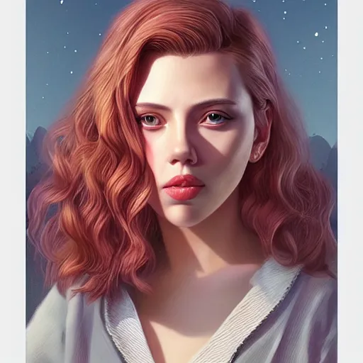 Image similar to a beautiful scenic painting of a beautiful young woman that looks like scarlett johansson by artgerm and wlop and wes anderson and spike jonze