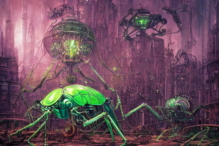 Prompt: a giant steampunk hybrid mantis harvesting bulbs of energy filled with green jelly, robot metallic armor, science fiction, neon city domes, neo - gothic, gothic!!, by ayami kojima!, amano, beksinski, dan mumford, dynamic light, vibrant colors