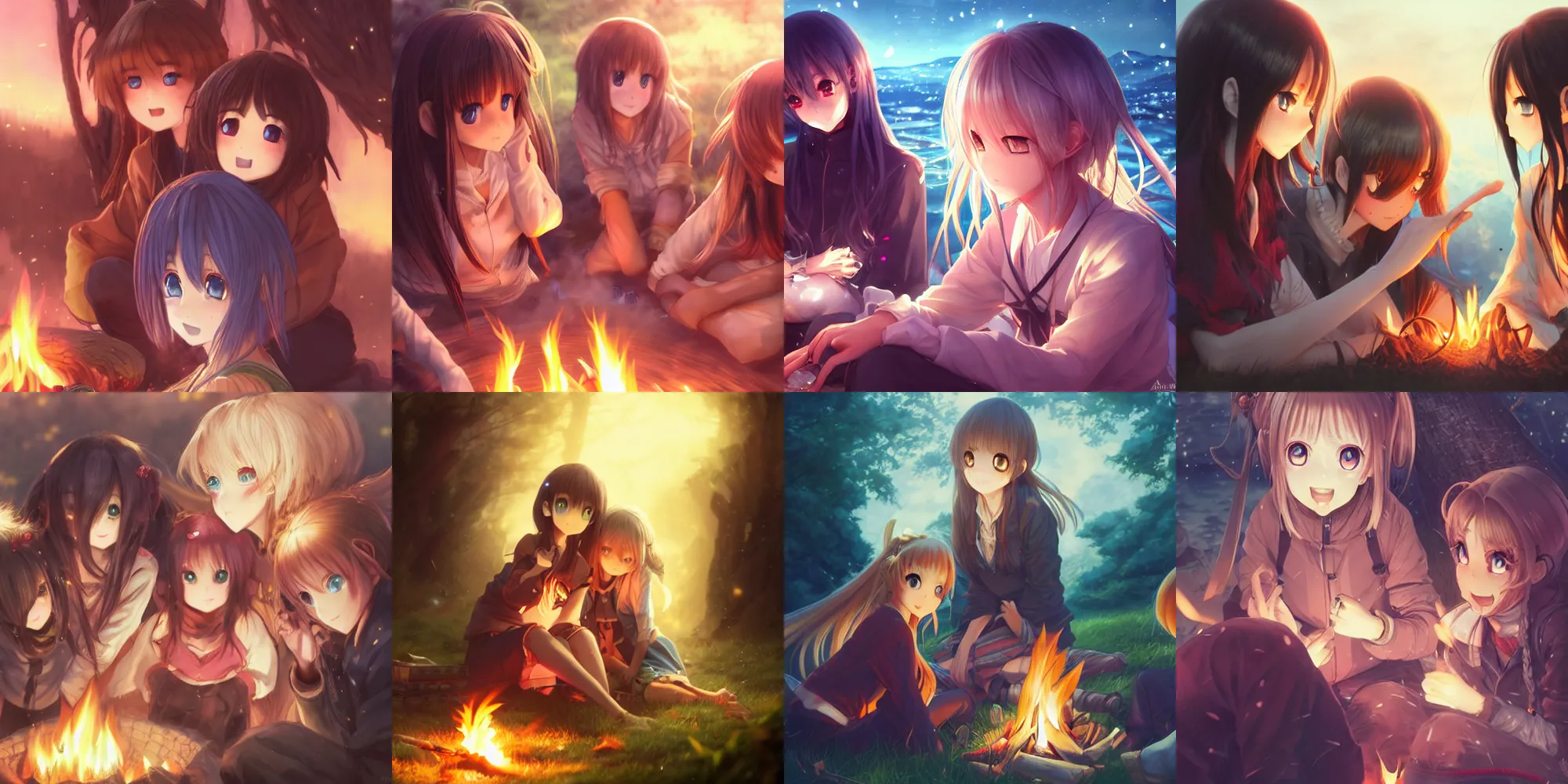 Prompt: anime, extremely detailed eyes, very beautiful cute girls sitting around campfire at night, fantastic details full faces, trending on artstation, pixiv, hyperdetailed Unreal Engine 4k 8k ultra HD, Stanley Artgerm Lau, WLOP, Rossdraws, James Jean Marc Simonetti Ruan Jia and Mandy Jurgens and Artgerm and William-Adolphe Bouguerea Sakimichan, yuru camp, illustration, digital art, concept art, manga cover