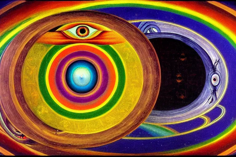 Image similar to painting of rainbow ophanim surrounded by large diagonally rotating rings, ophanim has bird wings, giant eyeball in the middle of the ophanim, by caravaggio, amazing details, mythological, biblical, beautiful composition