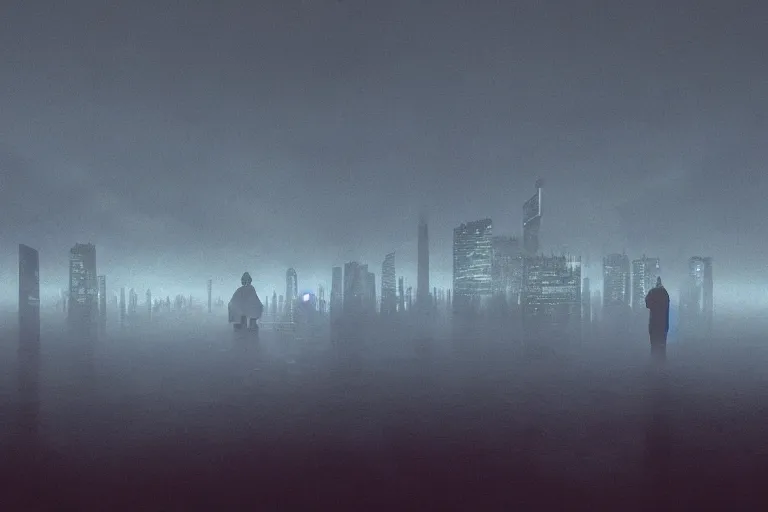 Image similar to The fog looks like little cats feet, sits looking over harbor and city on silent haunches and then moves on. 3D rendering by Liam Wong, painting by Caspar David Friedrich, and photography by Gregory Crewdson, UHD, amazing depth, atmospheric, trending on artstation