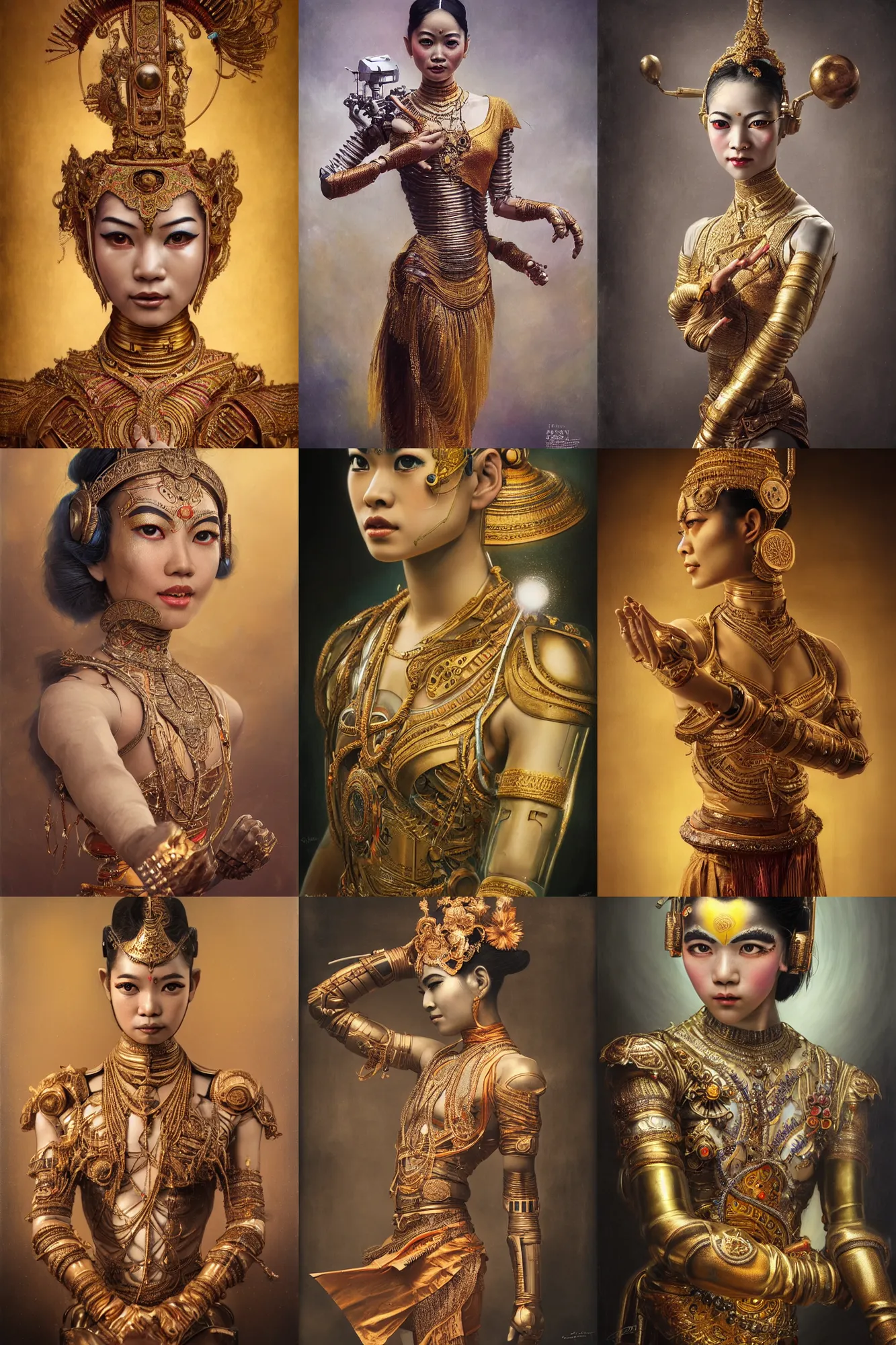 Prompt: a beautiful ultradetailed vintage photo of a cyborg classical thai dancer, by tom bagshaw and anna dittman, portrait, 2 4 mm lens, golden ratio composition, detailed face, studio photography, very detailed, cyborg in the style of pascal blanche, industrial robots, artstation, 8 k, highly coherent