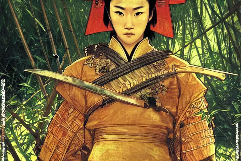 Prompt: close up of samurai in full armor, in a mysterious and bamboo forest, golden hour, by fiona staples, range murata, alphonse mucha