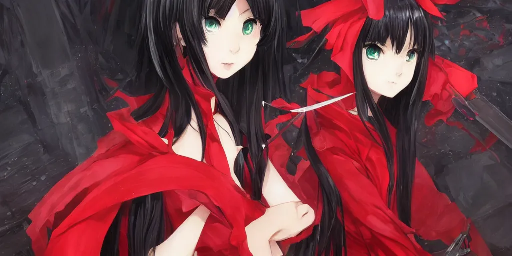 Image similar to award winning digital painting of a black haired hime cut anime girl with red dress and red eyes, holding black blade, portrait made by Stanley Artgerm, WLOP, Rossdraws, James Jean Andrei Riabovitchev, Marc Simonetti, Yoshitaka Amano, Artstation, detailed artwork trending on Pixiv.jp, danbooru, skeb, sakimichan