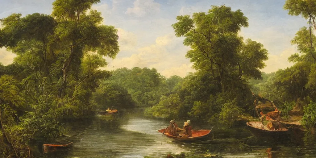 Prompt: painting of a river in the jungle with a small boat in the distance