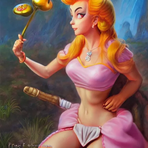 Image similar to An ultra realistic portrait painting of Princess Peach in the style of Frank Frazetta, 4k, Ultrarealistic, Highly Detailed, Dark Fantasy, Epic Lighting