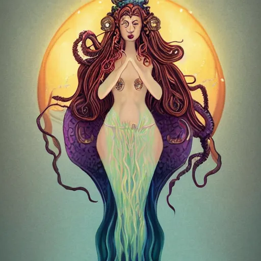 Image similar to Full body photo of the most beautiful goddess, she has a jellyfish-phoenix head's and a siren body, some tentacles are on her body, she flying to heaven through the clouds, she is swimming with some chrysaora hysoscella, there is smoke behid her, by Tooth Wu, trending on Artstation, digital art, symmetrical artwork, cinematic, hyper realism, high detail, octane render, 4k, 8k