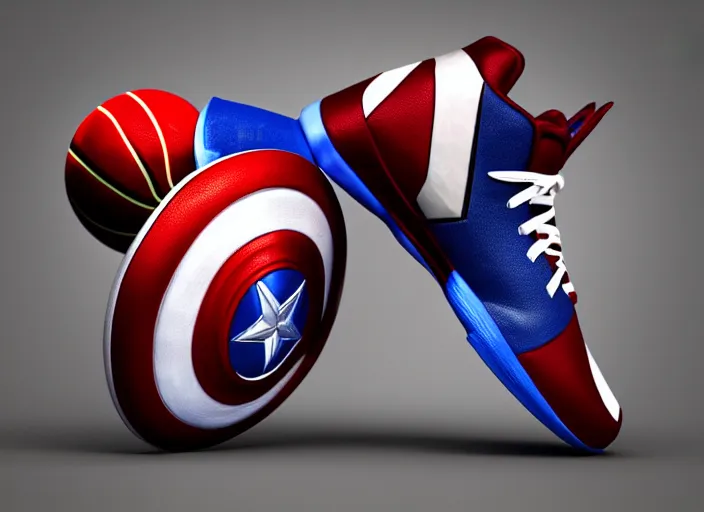 Image similar to basketball sneakers concept of captain america, picture by tim burton, render, cinema 4 d, octane render