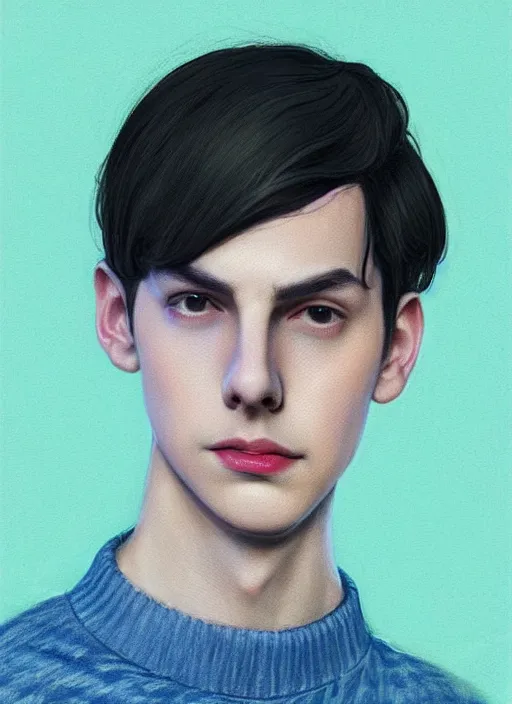 Image similar to portrait of teenage jughead jones wearing a light grey crown, crown, blue turtleneck, 1 9 5 0 s, closed eyes, photorealistic, black hair, glowing lighting, intricate, elegant, glowing lights, highly detailed, digital painting, artstation, concept art, smooth, sharp focus, illustration, art by wlop, mars ravelo and greg rutkowski