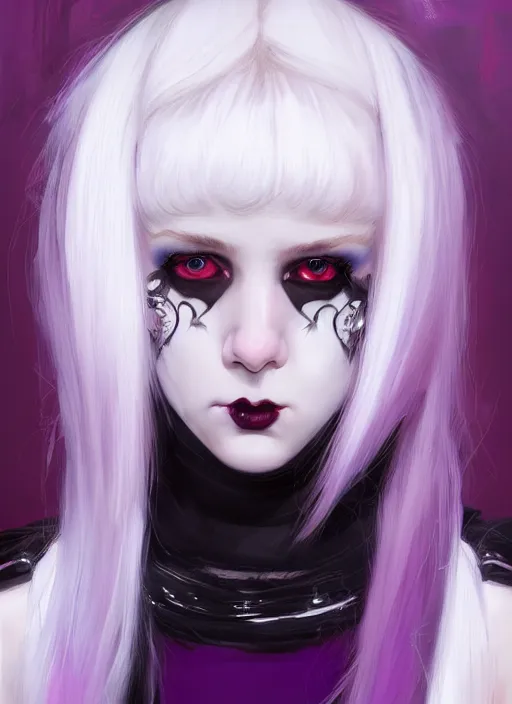 Prompt: portrait of white teenage girl, normal face, white bangs, mall goth, cyberlox, black and white hair, bangs, fluffy bangs, red contact lenses, purple lipstick, intricate, elegant, highly detailed, digital painting, artstation, concept art, sharp focus, smooth, illustration, art by wlop, mars ravelo and greg rutkowski