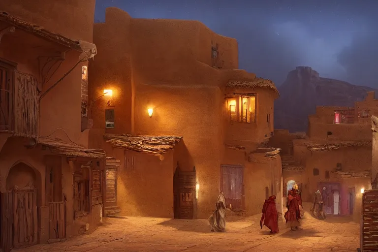 Image similar to in the middle of a adobe house kasbah town, mud and brick houses, merchant street, pueblo architecture, colorful crowd. Scenic view at night, underexposed, clean horizon, matte painting by raphael lacoste and marc simonetti and ruan jia, trending on artstation
