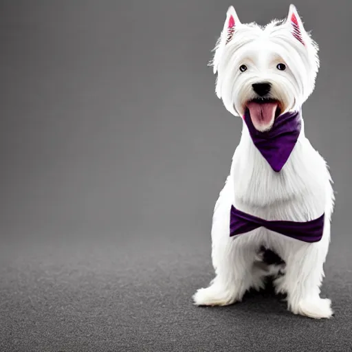 Prompt: Photogrpah of a West Highland Terrier wearing dressed as the Joker