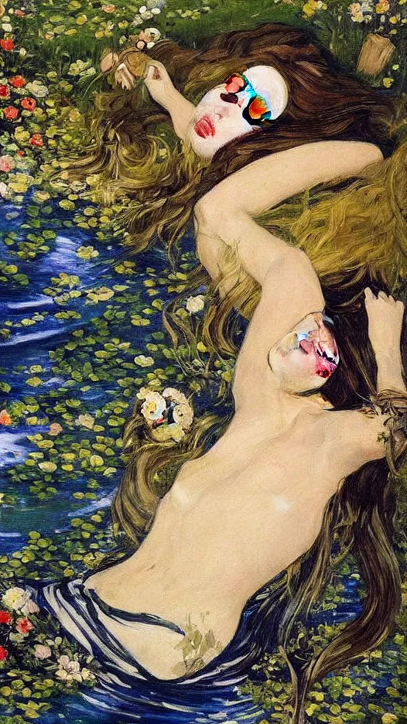 Image similar to prompt: beautiful girl sleeping in the lake with shining face painted by Valentin Serov, Ophelia painting inspired, intricate detailed oil painting, alchemical artifacts and hieroglyphs, magical items, gnarly paint marks