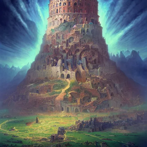 Prompt: Tower of Babel, A mighty city and a tower with its top in the heaven illustration by Renato muccillo and Andreas Rocha and Johanna Rupprecht + dofus colors, wakfu colors + symmetry + greco-roman art, intricate ink illustration, intricate complexity, epic composition, magical atmosphere + wide long shot, wide angle + masterpiece, trending on artstation