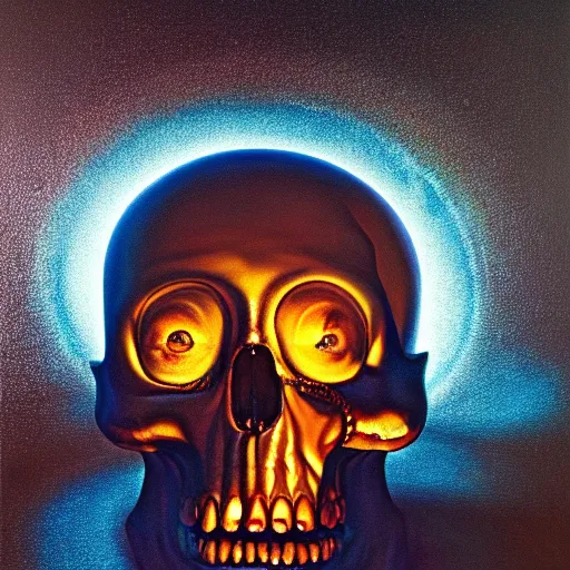 Prompt: peer into the depths of the endless cosmic void, shine a light on your darkest terror the crystal skull of claybore, robert vardeman oil on canvas, photographic hyperrealism