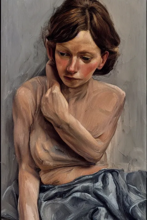 Image similar to high quality high detail oil painting portrait of a young woman by lucian freud, painterly thick brushstrokes, hd, photorealistic lighting