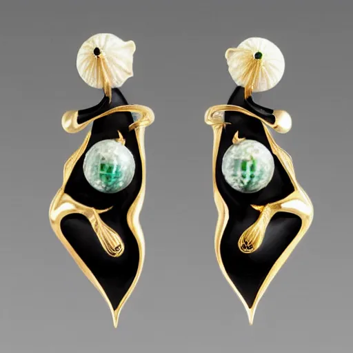 Prompt: artnouveau alien goddess earrings made by René lalique in black, white and emerald and gold