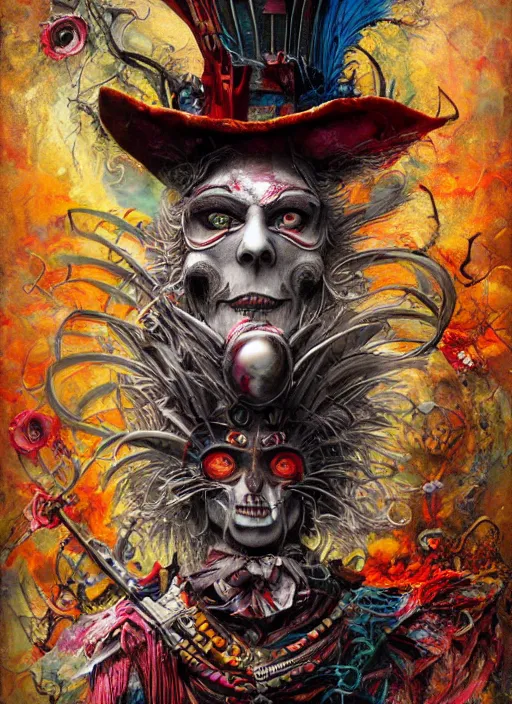 Image similar to mad hatter, aztec god, highly detailed, cinematic, 8 k, by megan duncanson, benjamin lacombe, adrian borda, stanley artgermm, tom bagshaw, craig mullins, carne griffiths, ayami kojima, beksinski, giger, trending on deviantart, hyper detailed, horror, full of colour