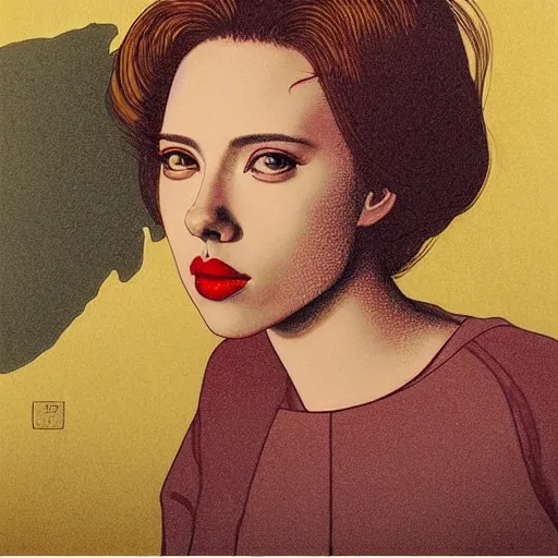 Prompt: “ scarlett johansson portrait by ikenaga yasunari and ayana otake and ko rakusui, 6 0 s poster, drawing, realistic, sharp focus, japanese, dreamy, nostalgia, faded, golden hues, floral clothes, porcelain skin ”