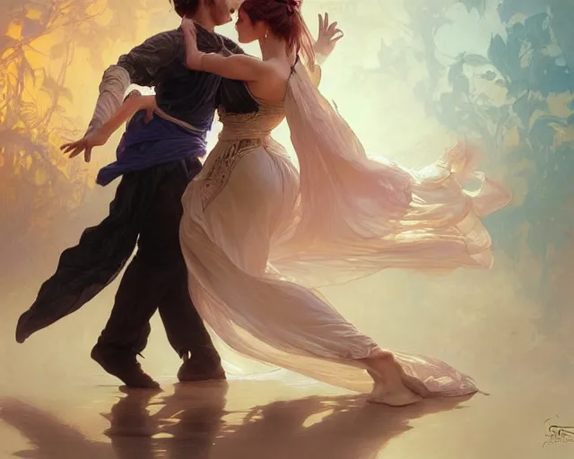 Prompt: man and woman embracing eachother while dancing, deep focus,, fantasy, intricate, elegant, highly detailed, digital painting, artstation, concept art, matte, sharp focus, illustration, hearthstone, art by artgerm and greg rutkowski and alphonse mucha