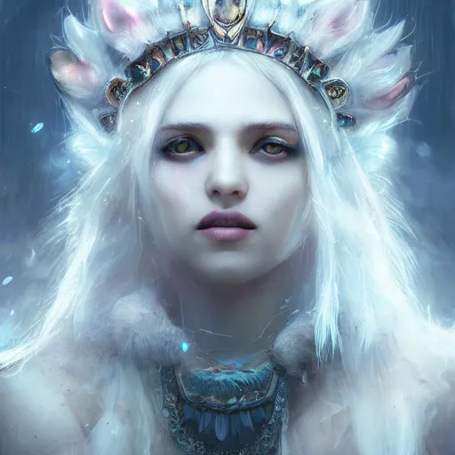 Image similar to white wolf princess, huggy wuggy from poppy playtime video game, fullbody, ultra high detailed, glowing lights, oil painting, greg rutkowski, charlie bowater, beeple, unreal 5, daz, hyperrealistic, octane render, rpg portrait, dynamic lighting, fantasy art, beautiful face