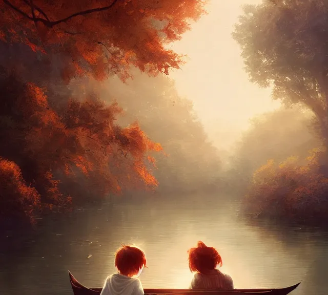 Image similar to a boy and a girl with long flowing auburn hair sitting together on the rowboat. Atmospheric lighting, long shot, romantic, boy and girl are the focus, trees, river. details, sharp focus, illustration, by Jordan Grimmer and greg rutkowski, Trending artstation, pixiv, digital art