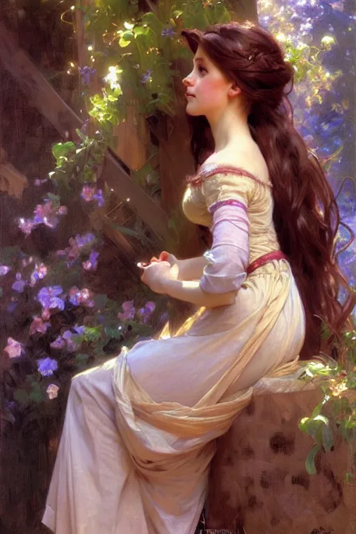 Image similar to rapunzel, painting by daniel gerhartz, alphonse mucha, bouguereau, detailed art, artstation