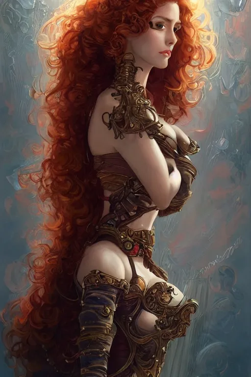 Image similar to three quarters portrait of a beautiful Lady Mechanika, very beautiful young woman, ginger wavy hair, Victorian-era push-up underwire. Intricate, D&D!, fantasy style, sharp focus!, ultra detailed, art by Artgerm and Peter Andrew Jones