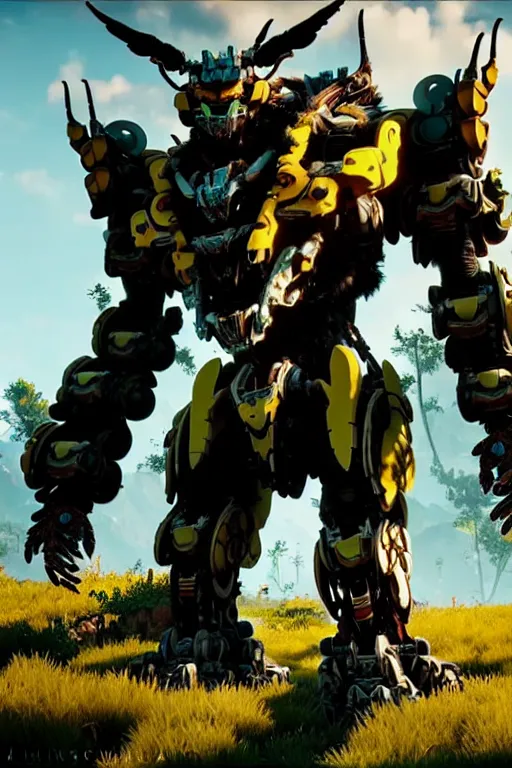 Image similar to a cinematic still from horizon zero dawn, yellow bumblebee mech, decepticon armor plating, octane render, nvidia raytracing demo, masterpiece, aged armor plating, aggressive head,