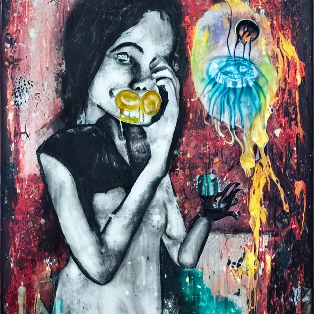 Image similar to a portrait in a dark apartment, moonlight from a window, a female art student holding a jellyfish, milk puddles, berries, broken bottles, metaphysical, neo - expressionism, surrealism, acrylic and spray paint and oilstick on canvas