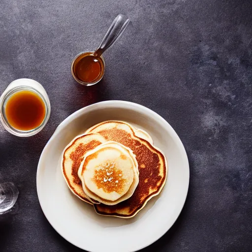 Prompt: pancakes and maple syrup on a plate, studio lighting, food ad, magazine, white lights, tasty, 4k