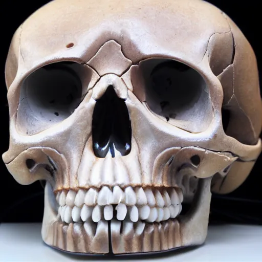 Image similar to real human skull with circular orange electronic led eyes in eye holes