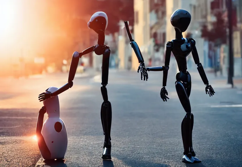 Prompt: a calming photograph of a slender, humanoid robot caresses a beautiful human woman in the face, large shot, wide shot, in a street, sunset photo