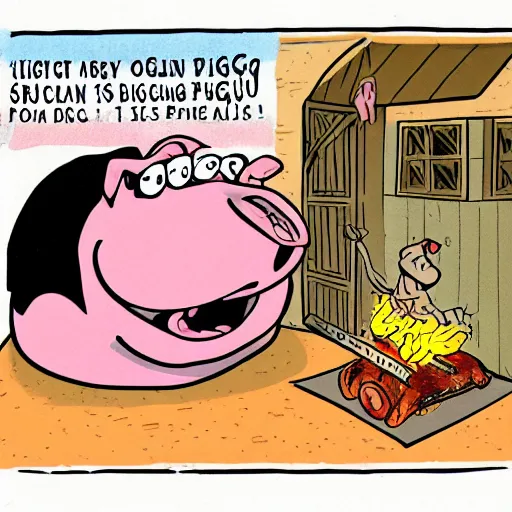 Image similar to a cartoon of a pig screaming in horror as another pig gets barbequed, funny, by Disney